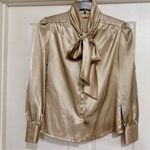 Vintage 70s Japan AMBY Gold Satin Pussybow Blouse, Size 11